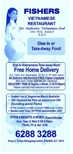 Scanned takeaway menu for Fishers Vietnamese Restaurant
