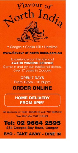 Scanned takeaway menu for Flavour Of North India