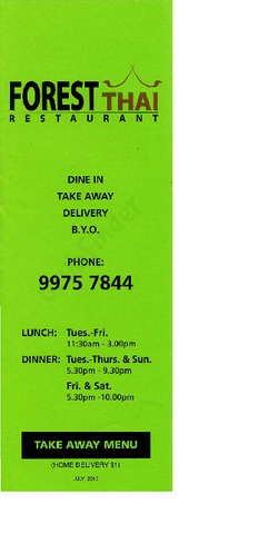 Scanned takeaway menu for Forest Thai