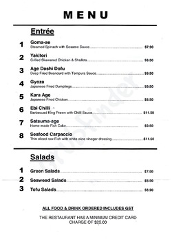 Scanned takeaway menu for Fuji Tempura Bar