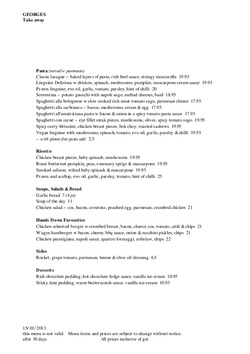 Scanned takeaway menu for Georges Restaurant Bar Cafe