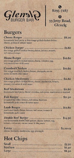Scanned takeaway menu for Glenelg Burger Bar
