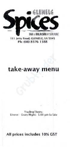 Scanned takeaway menu for Glenelg Spices