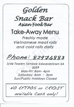 Scanned takeaway menu for Golden Snack Bar