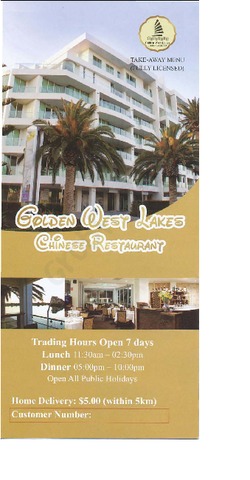 Scanned takeaway menu for Golden West Lakes Chinese Restaurant