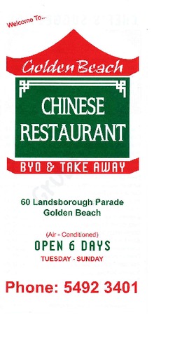 Scanned takeaway menu for Golden Beach Chinese Restaurant