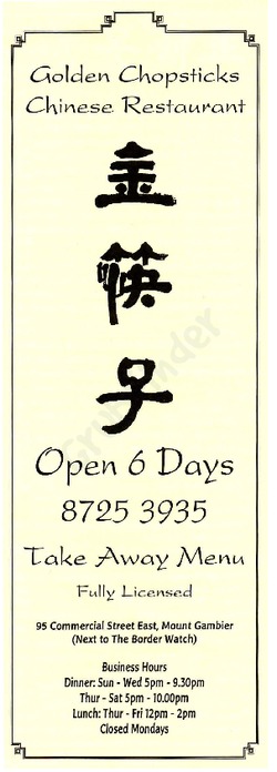Scanned takeaway menu for Golden Chopsticks Chinese Restaurant