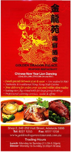 Scanned takeaway menu for Golden Dragon Palace Restaurant