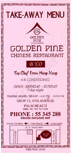 Scanned takeaway menu for Golden Pine Chinese Restaurant