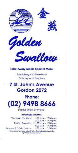 Scanned takeaway menu for Golden Swallow Restaurant