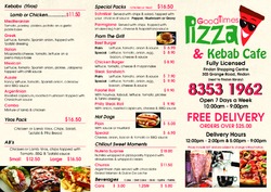 Scanned takeaway menu for Good Times Pizza and Kebab Cafe