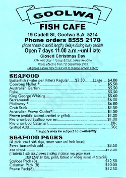 Scanned takeaway menu for Goolwa Fish Cafe