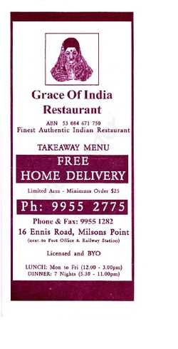 Scanned takeaway menu for Grace Of India Restaurant