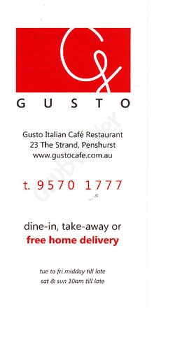 Scanned takeaway menu for Gusto Italian Cafe & Restaurant