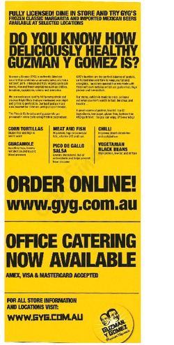 Scanned takeaway menu for Guzman Y Gomez Mexican Taqueria