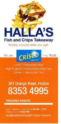 Scanned takeaway menu for Halla’s Fish And Chips