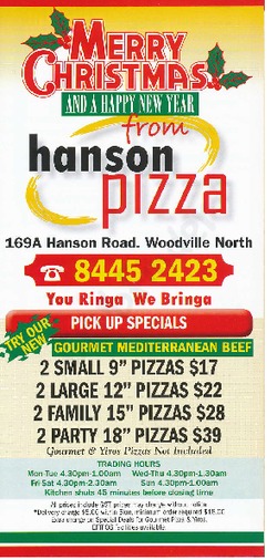 Scanned takeaway menu for Hanson Pizza Bar