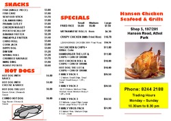 Scanned takeaway menu for Hanson Chicken Seafood & Grills