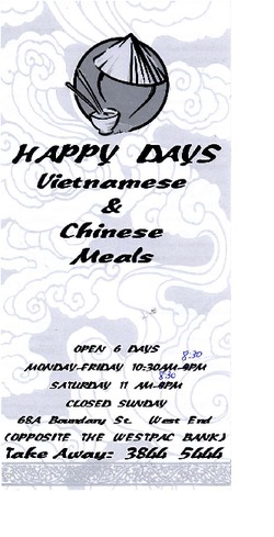 Scanned takeaway menu for Happy Days Vietnamese & Chinese
