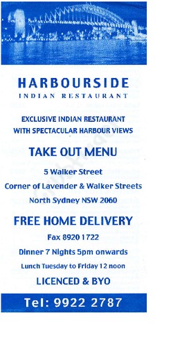 Scanned takeaway menu for Harbourside Indian Restaurant