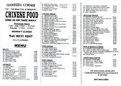 Scanned takeaway menu for Hawker’s Corner Chinese Food