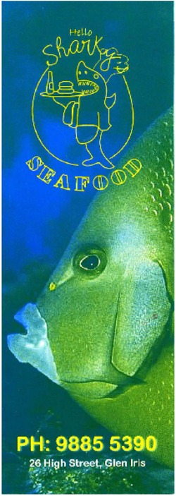 Scanned takeaway menu for Hello Sharky Seafood