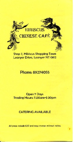Scanned takeaway menu for Hibiscus Chinese Cafe