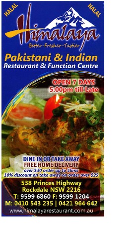 Scanned takeaway menu for Himalaya Pakistani & Indian