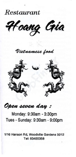 Scanned takeaway menu for Hoang Gia Restaurant