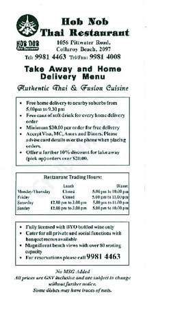 Scanned takeaway menu for Hob Nob Thai Restaurant