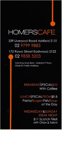 Scanned takeaway menu for Homers Cafe