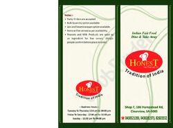 Scanned takeaway menu for Honest Fast Food – Tradition of India