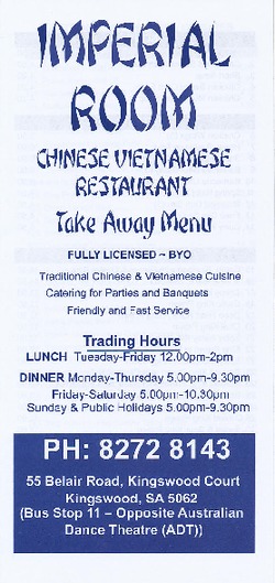 Scanned takeaway menu for Imperial Room Chinese Vietnamese