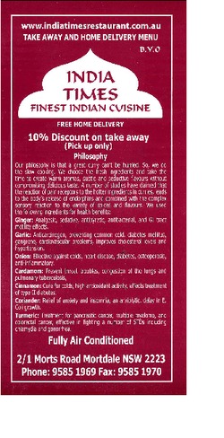 Scanned takeaway menu for India Times Restaurant