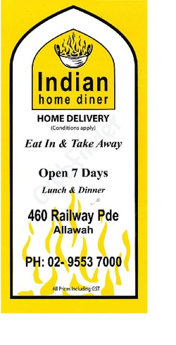 Scanned takeaway menu for Indian Home Diner
