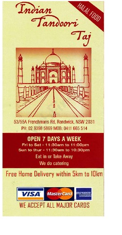 Scanned takeaway menu for Indian Tandoori Taj