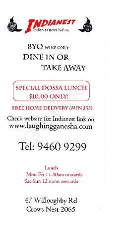 Scanned takeaway menu for Indianest