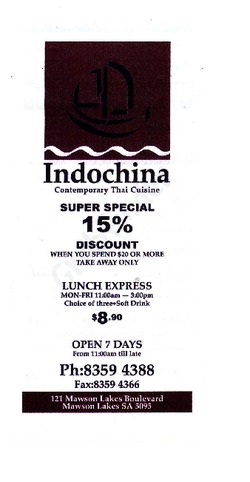 Scanned takeaway menu for Indochina Thai Restaurant