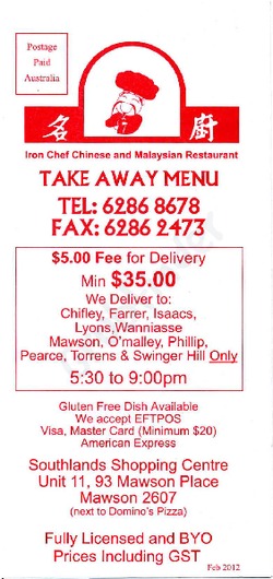Scanned takeaway menu for Iron Chef Chinese & Malaysian