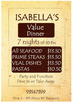 Scanned takeaway menu for Isabella’s Italian