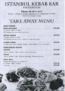 Scanned takeaway menu for Istanbul Kebab Bar Palmerston