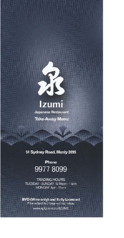 Scanned takeaway menu for Izumi Japanese