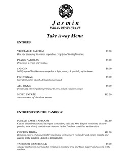 Scanned takeaway menu for Jasmin Indian Restaurant