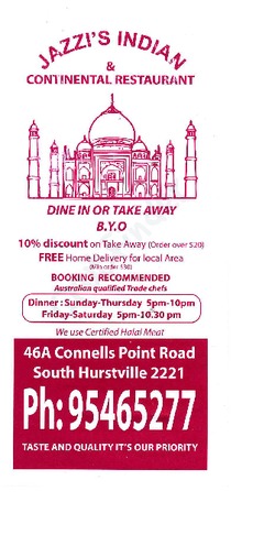Scanned takeaway menu for Jazzi’s Indian & Continental Restaurant