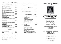 Scanned takeaway menu for Jehangir Indian Restaurant