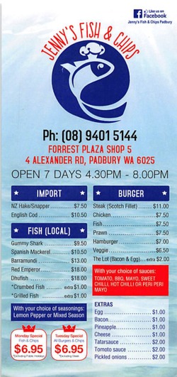Scanned takeaway menu for Jenny’s Fish & Chips