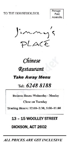 Scanned takeaway menu for Jimmy’s Place