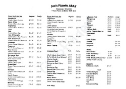 Scanned takeaway menu for Joe’s Pizzeria Arax