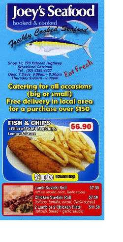 Scanned takeaway menu for Joey’s Seafood