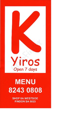 Scanned takeaway menu for K Yiros – Kostas Greek Takeout